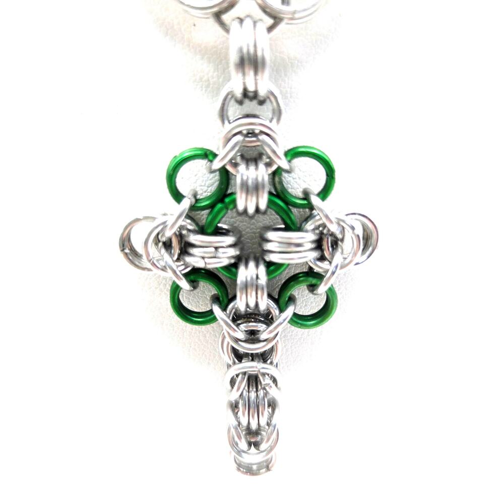 Hand Crafted Chainmaille Celtic Cross Pendant Necklace Green Rings Accent Unisex